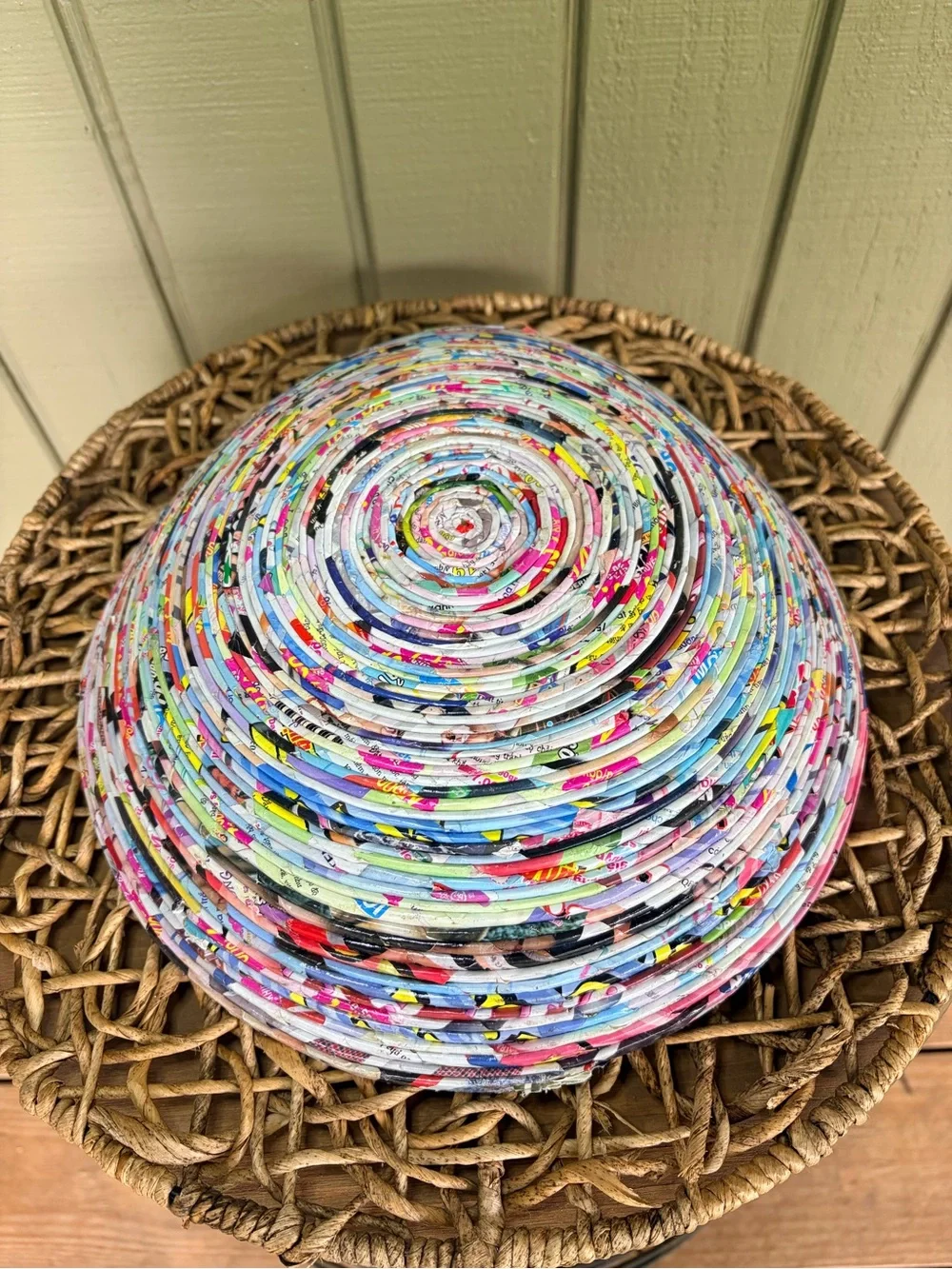Handmade Recycled Magazine Paper Bowl Coiled Art Boho Decor 11.5